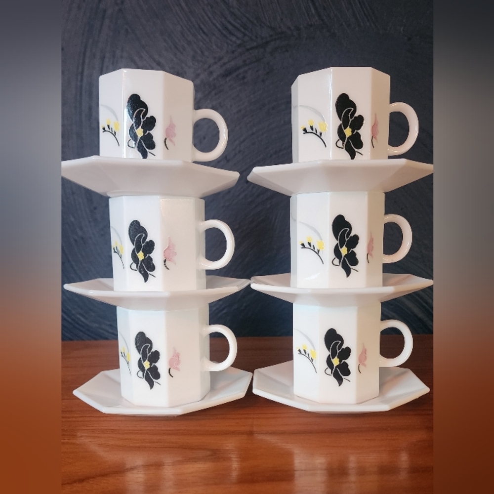 Vintage Arcopal France Tea Espresso Cups and Saucers Anaise Pattern Set/6 EXC